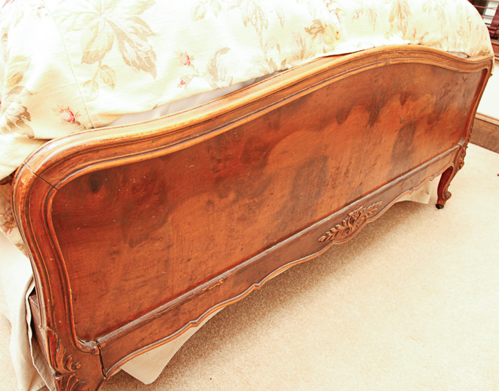 Wood Panel Bed With Carved and Burl Veneer Details