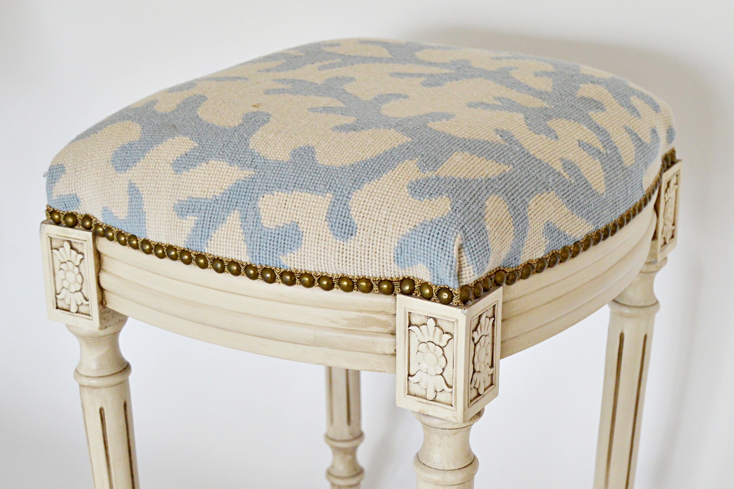 Coral Needlepoint Stool and Pillows