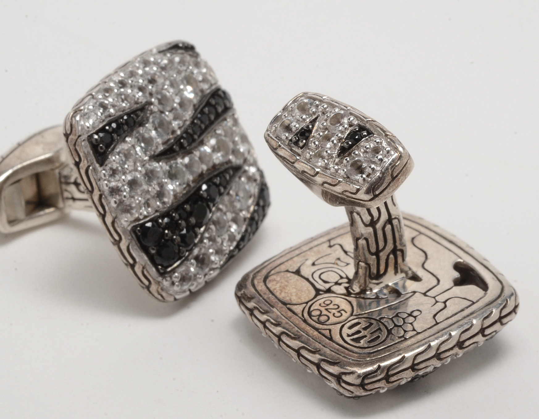John Hardy Sterling Macan Black and White Sapphire Cufflinks