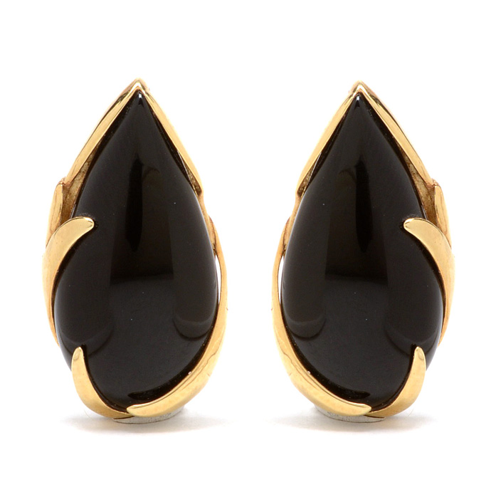 14K Yellow Gold Black Onyx Stylized Pierced Earrings