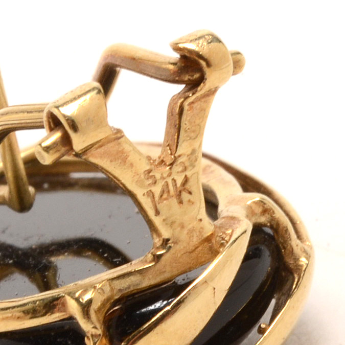 14K Yellow Gold Black Onyx Stylized Pierced Earrings