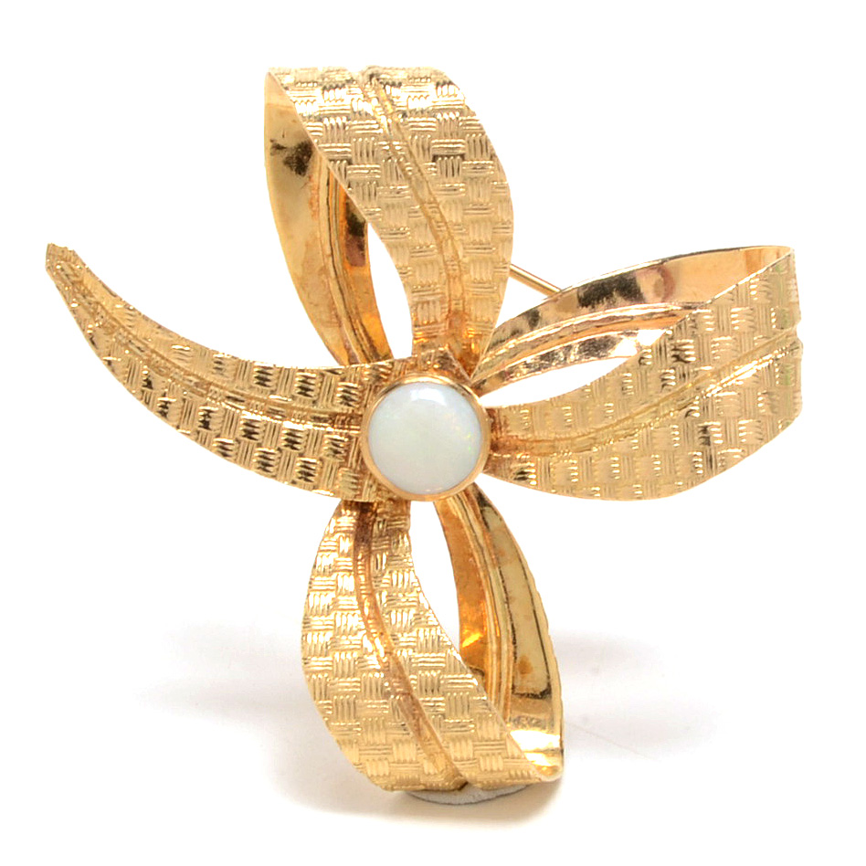 14K Yellow Gold Opal Bow Brooch