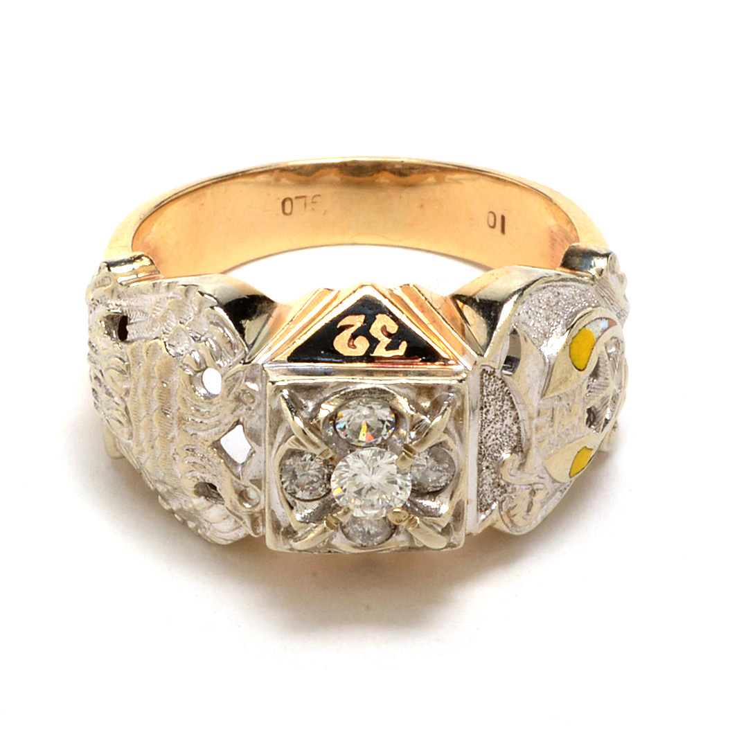 Men's Vintage 10K Yellow Gold Diamond and Enameled Masonic Ring