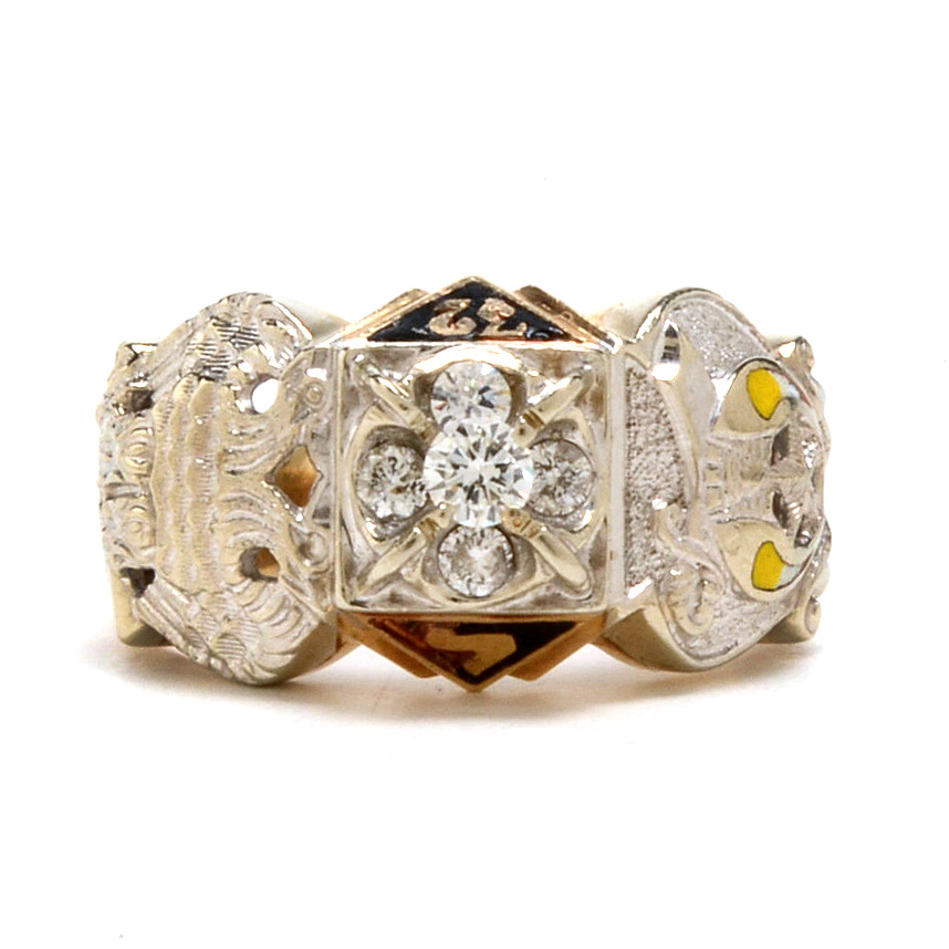 Men's Vintage 10K Yellow Gold Diamond and Enameled Masonic Ring