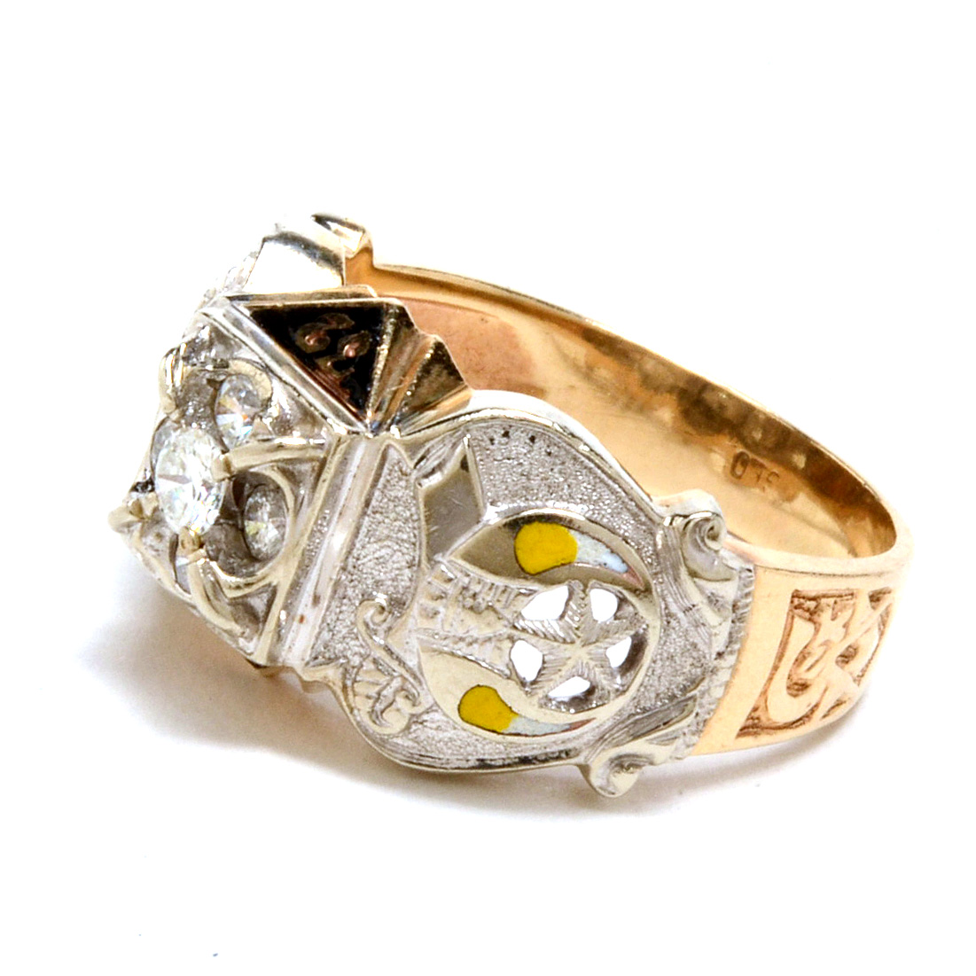 Men's Vintage 10K Yellow Gold Diamond and Enameled Masonic Ring