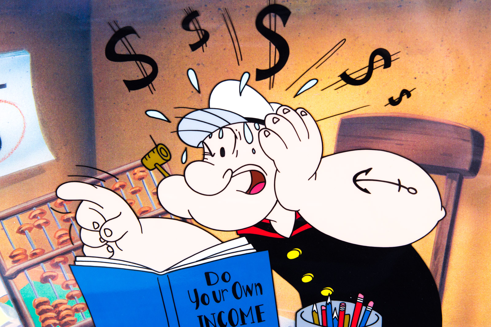 Hand Painted Popeye Themed Animation Cel "Who Does Your Taxes" Signed by Myron Waldman