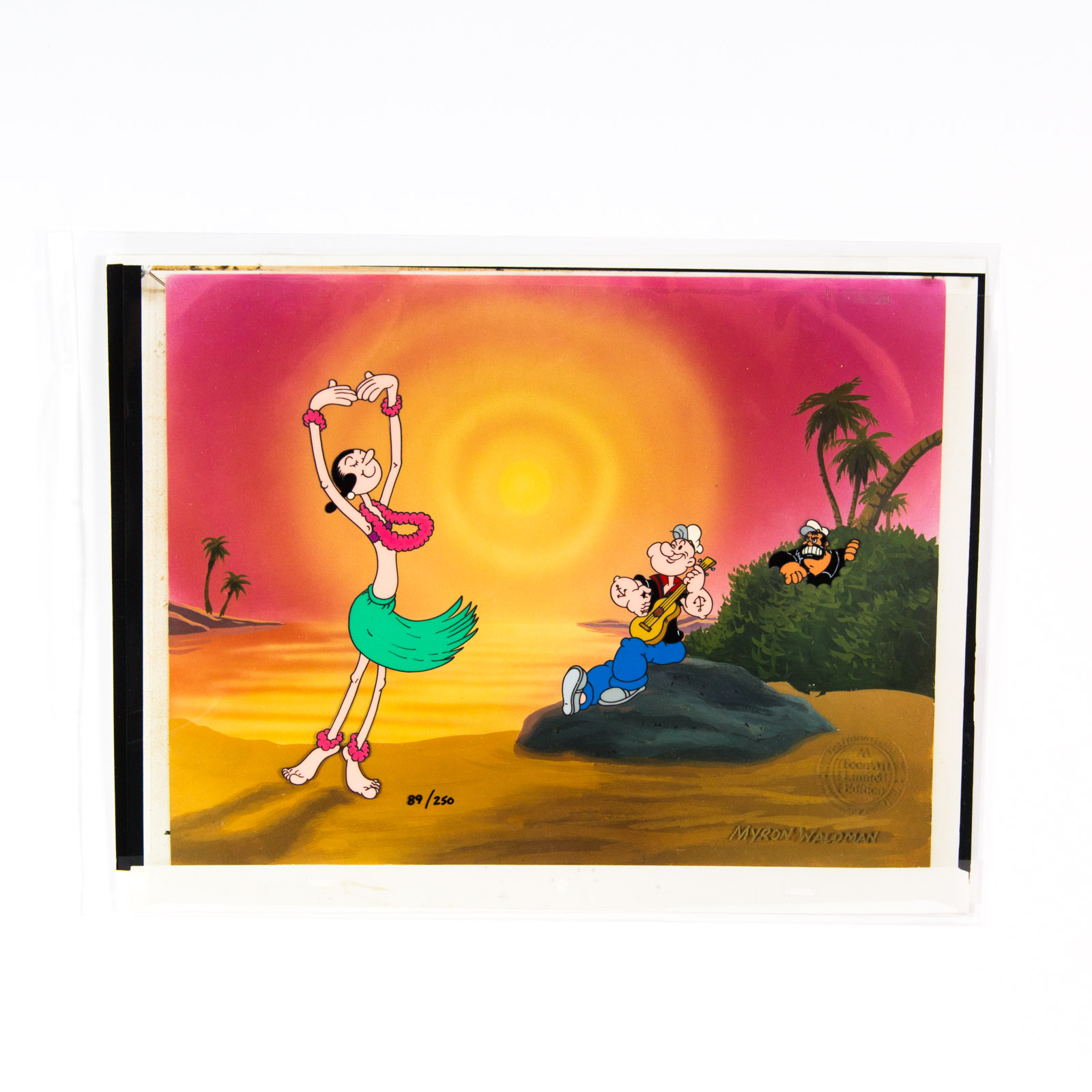 Hand Painted Popeye Animation Cel "Dancing on the Beach", Signed By Myron Waldman