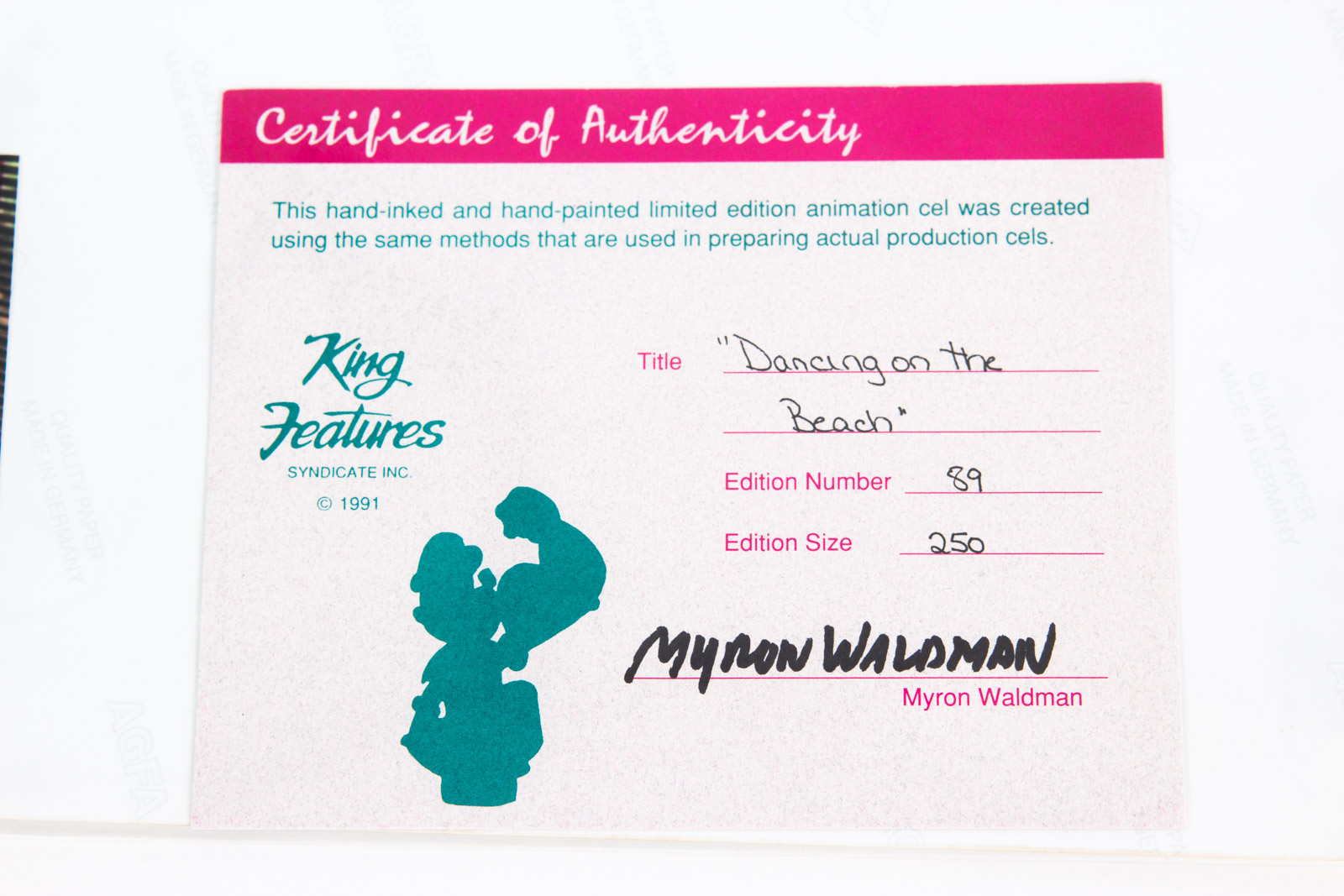 Hand Painted Popeye Animation Cel "Dancing on the Beach", Signed By Myron Waldman