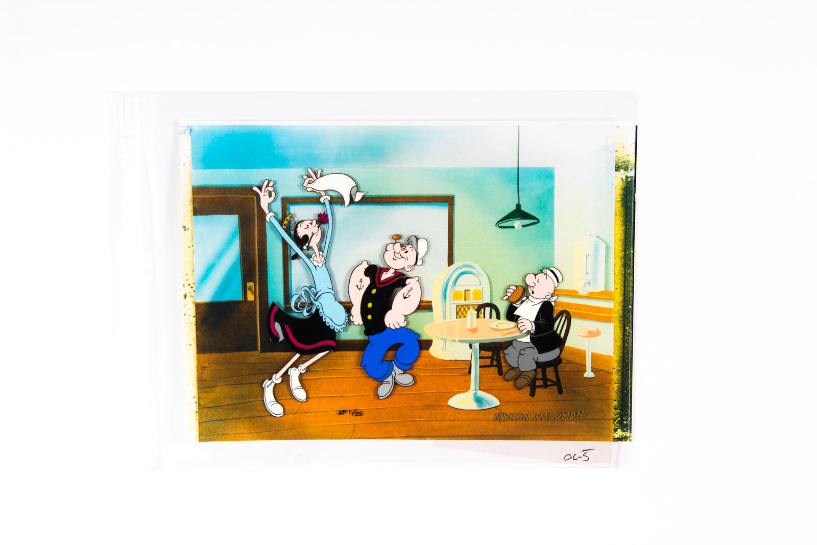 Hand Painted Popeye Animation Cel "Wimpy's Cafe", Signed By Myron Waldman