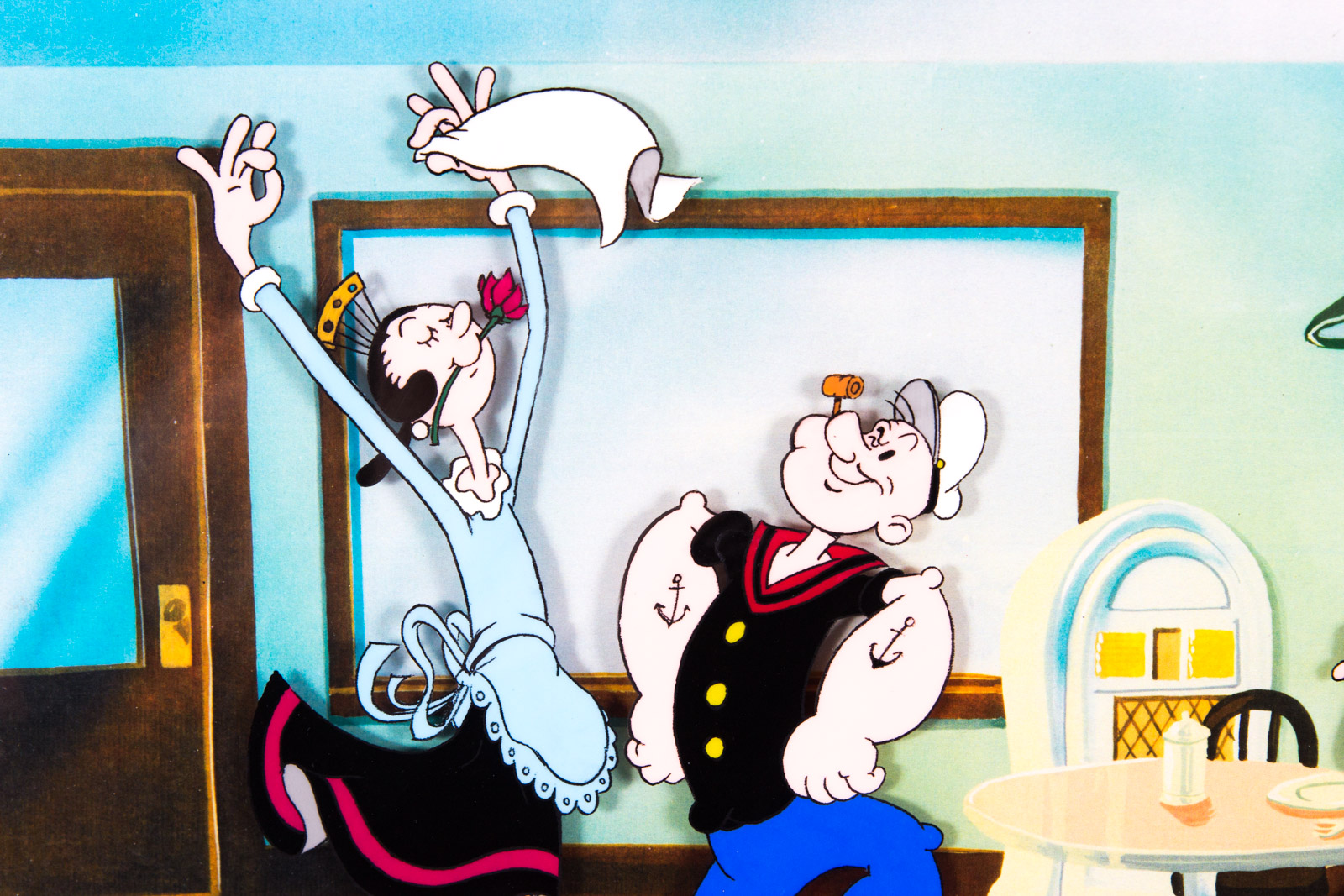 Hand Painted Popeye Animation Cel "Wimpy's Cafe", Signed By Myron Waldman