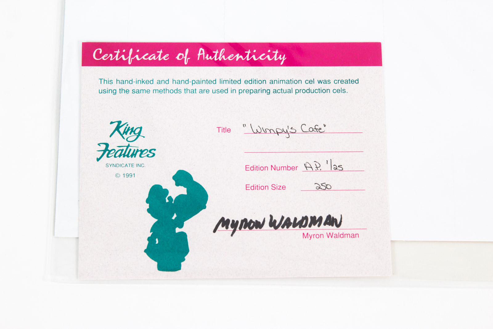 Hand Painted Popeye Animation Cel "Wimpy's Cafe", Signed By Myron Waldman