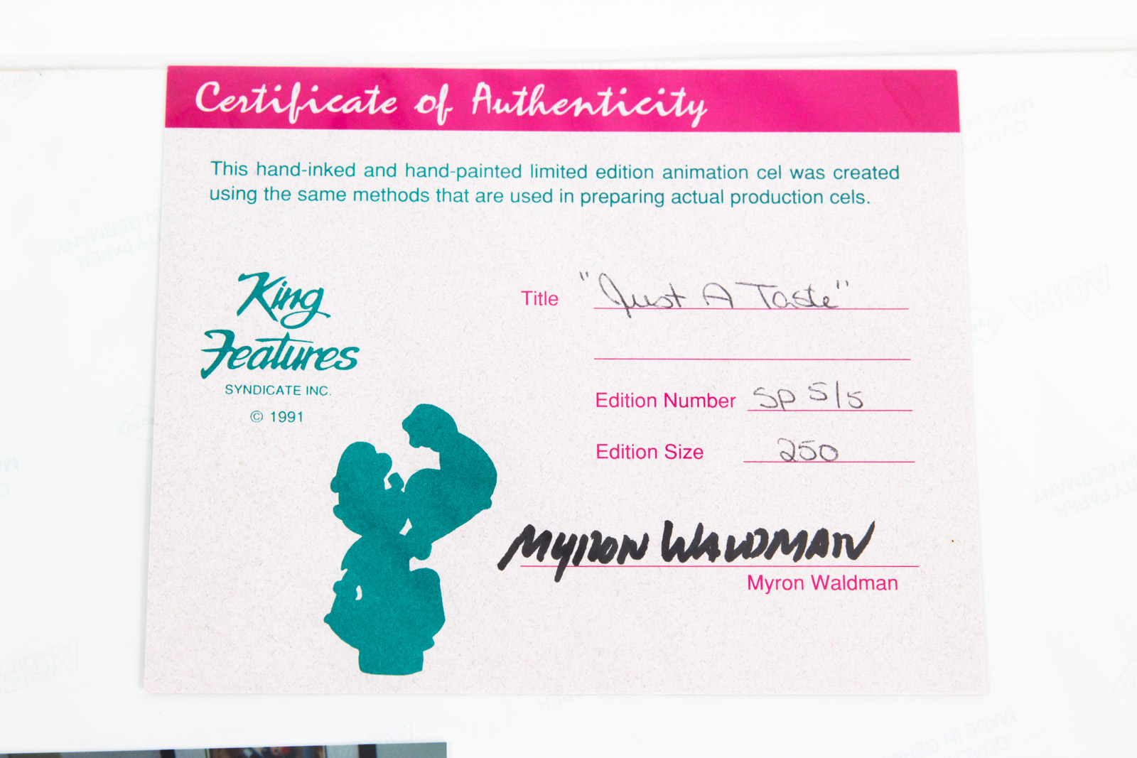 Hand Painted Popeye Animation Cel "Just a Taste" by Myron Waldman