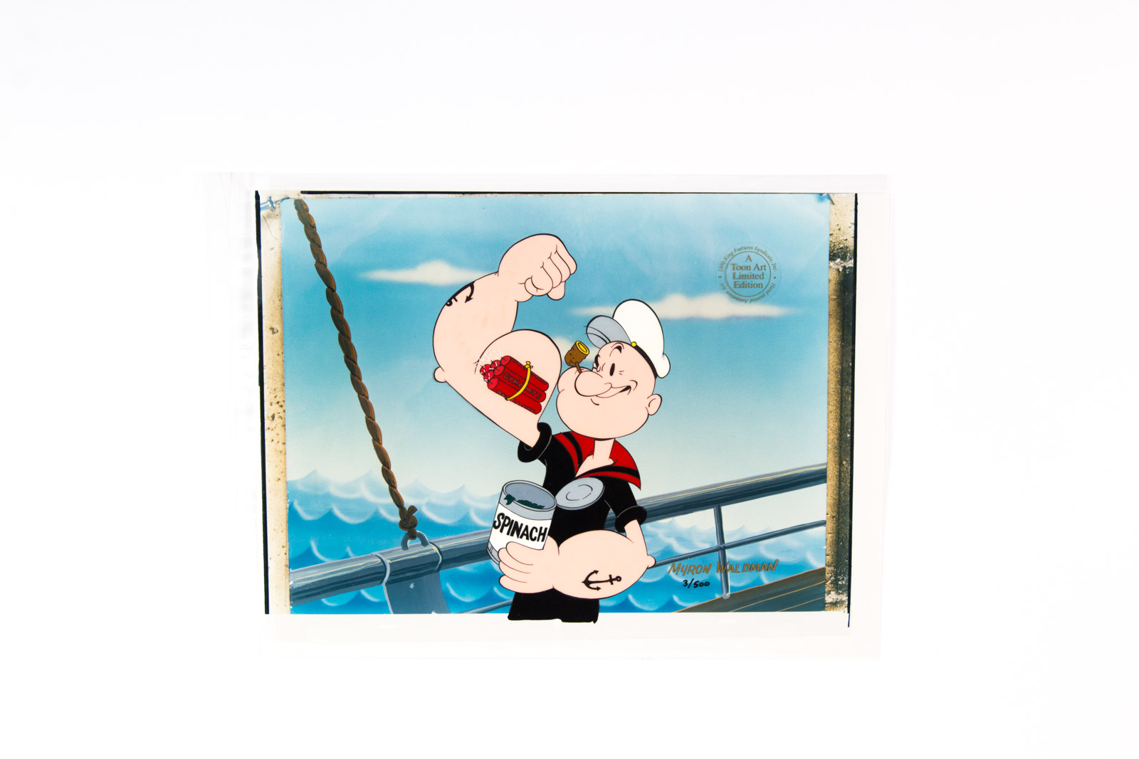 Hand Painted Popeye the Sailor "Dynamite Muscle" Animation Cel Signed by Myron Waldman