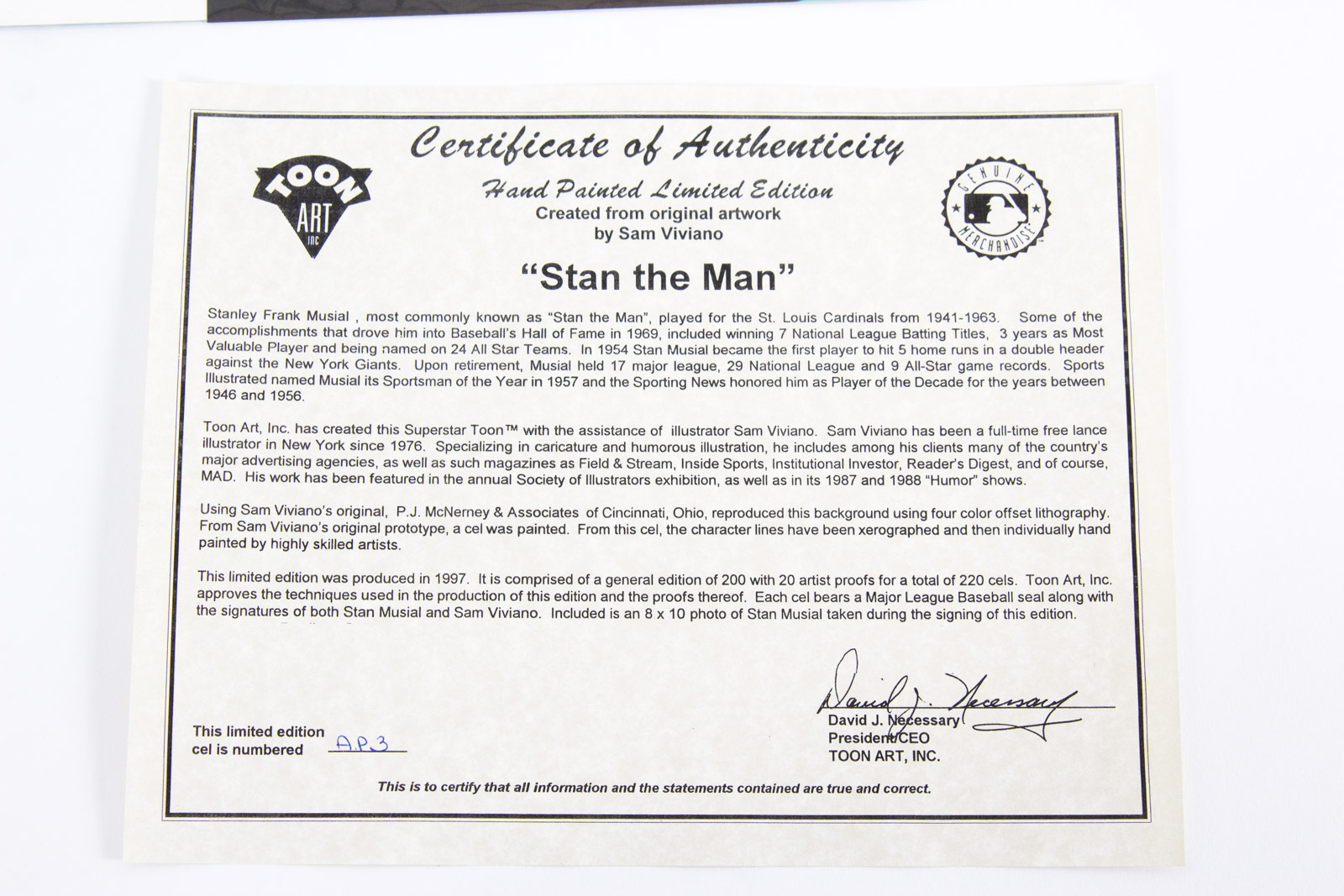 Sam Viviano Hand Painted "Stan the Man" Animation Cel Signed By Stan Musial