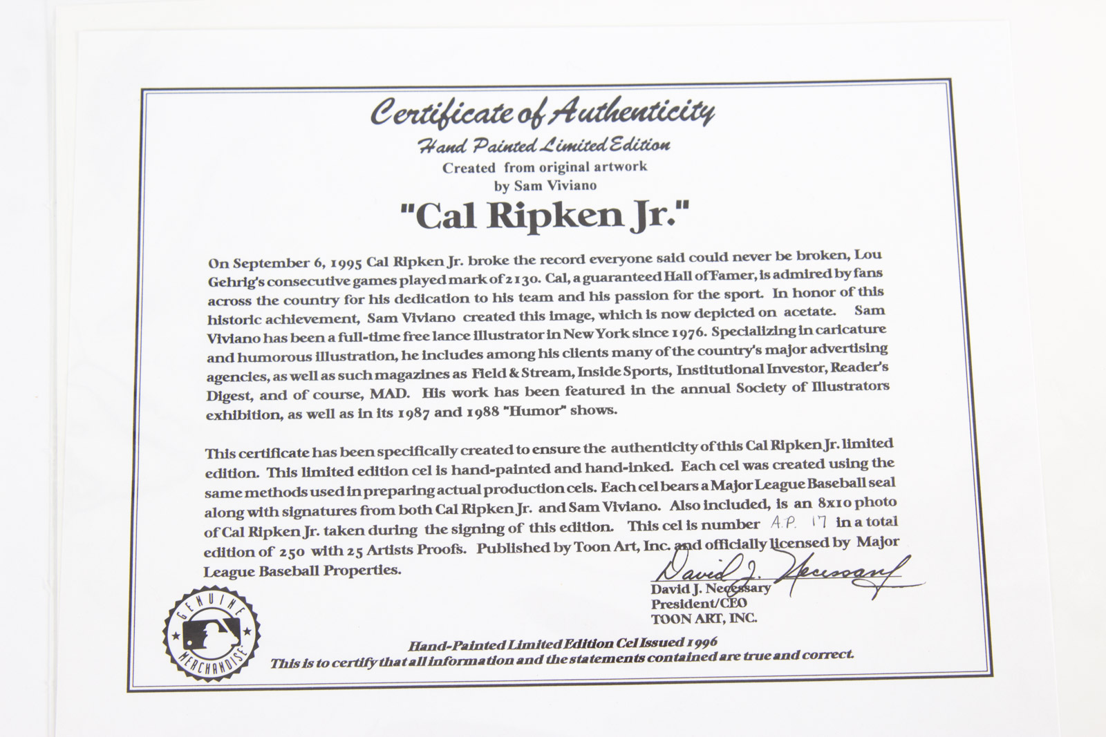 Sam Viviano Hand Painted "Cal Ripken Jr" Animation Cel