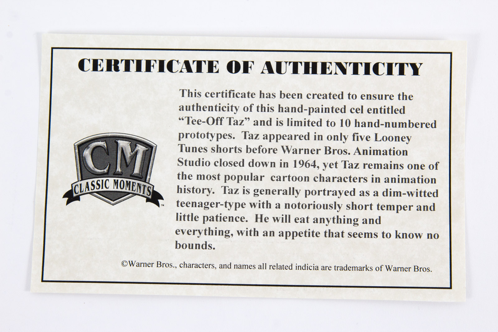 Hand Painted "Tee-Off Taz" Prototype Animation Cel