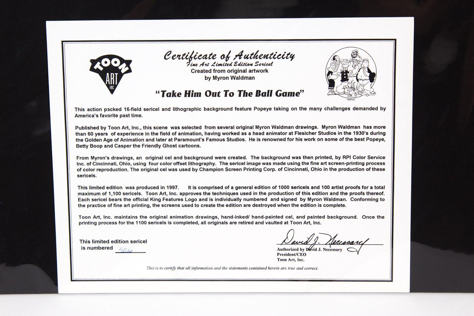 Hand Painted "Take Him Out To The Ball Game" Popeye Animation Cel Signed by Myron Waldman