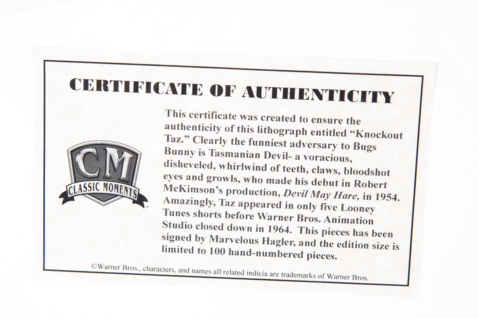 Marvelous Marvin Hagler Signed Looney Tunes "Knockout Taz" Boxing Lithograph