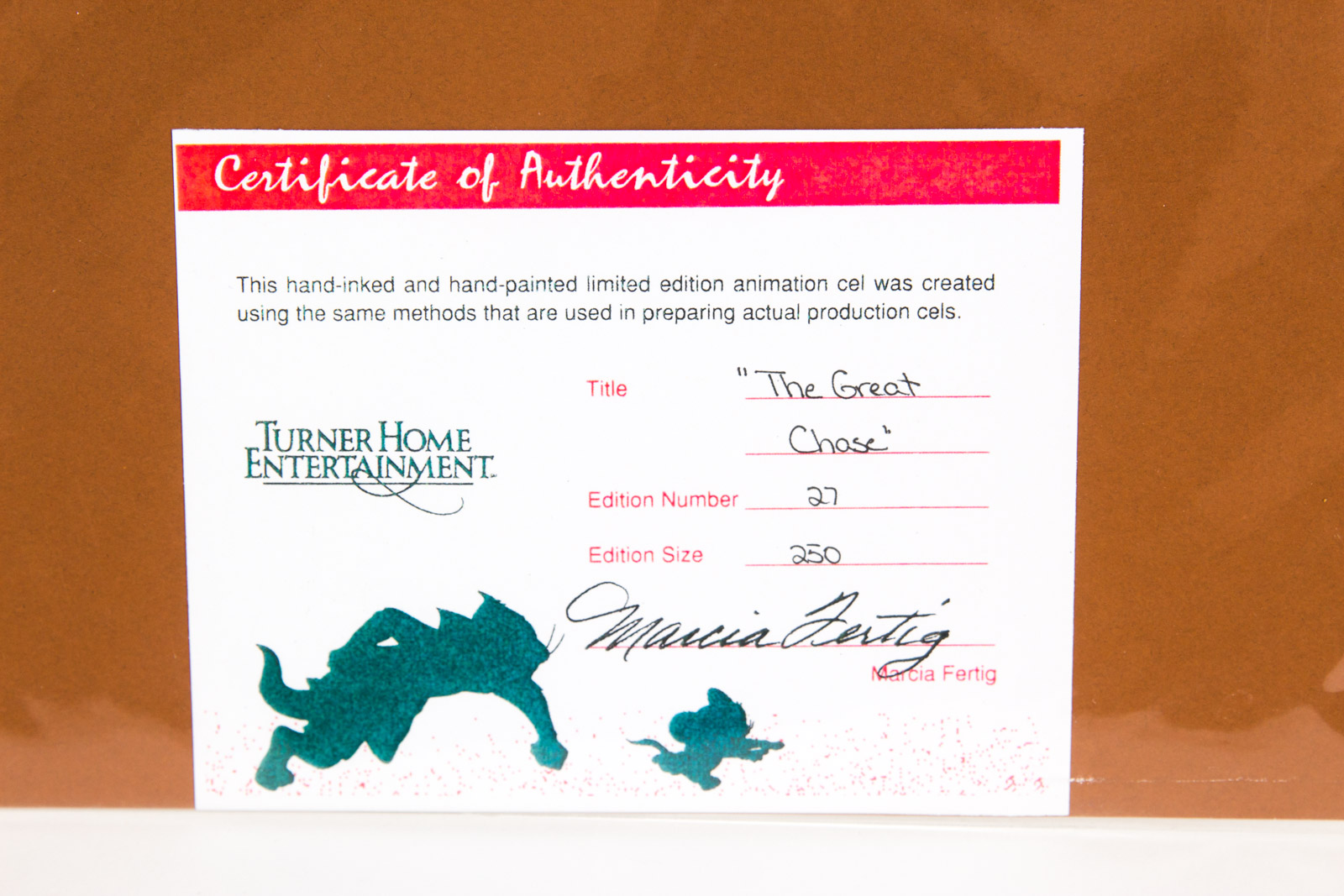 Hand Painted "The Great Chase" Tom and Jerry Animation Cel Signed by Marcia Fertig