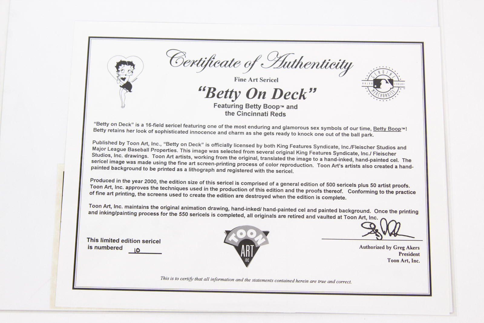 Johnny Bench Signed "Betty on Deck" Cincinnati Reds Animation Cel