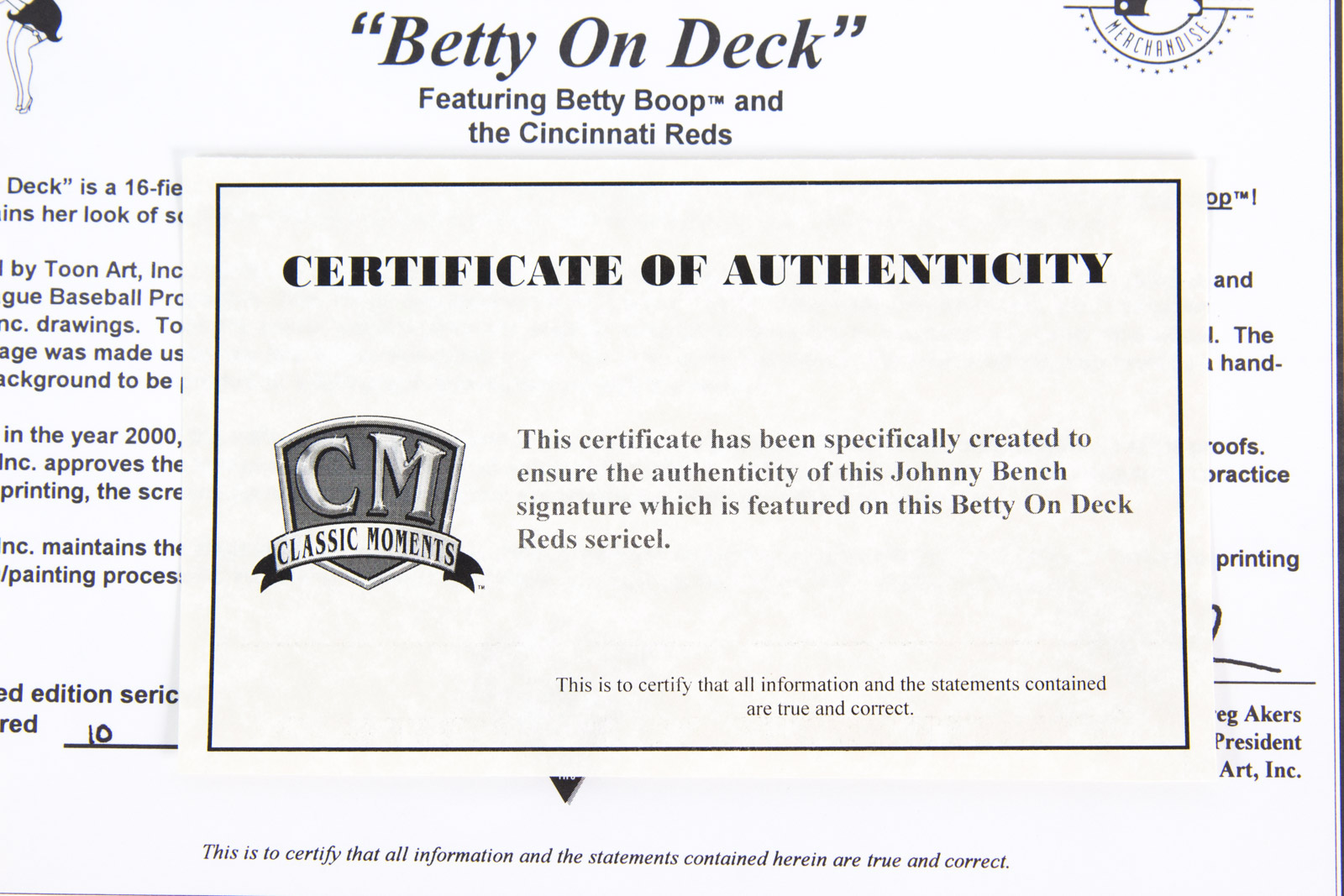 Johnny Bench Signed "Betty on Deck" Cincinnati Reds Animation Cel