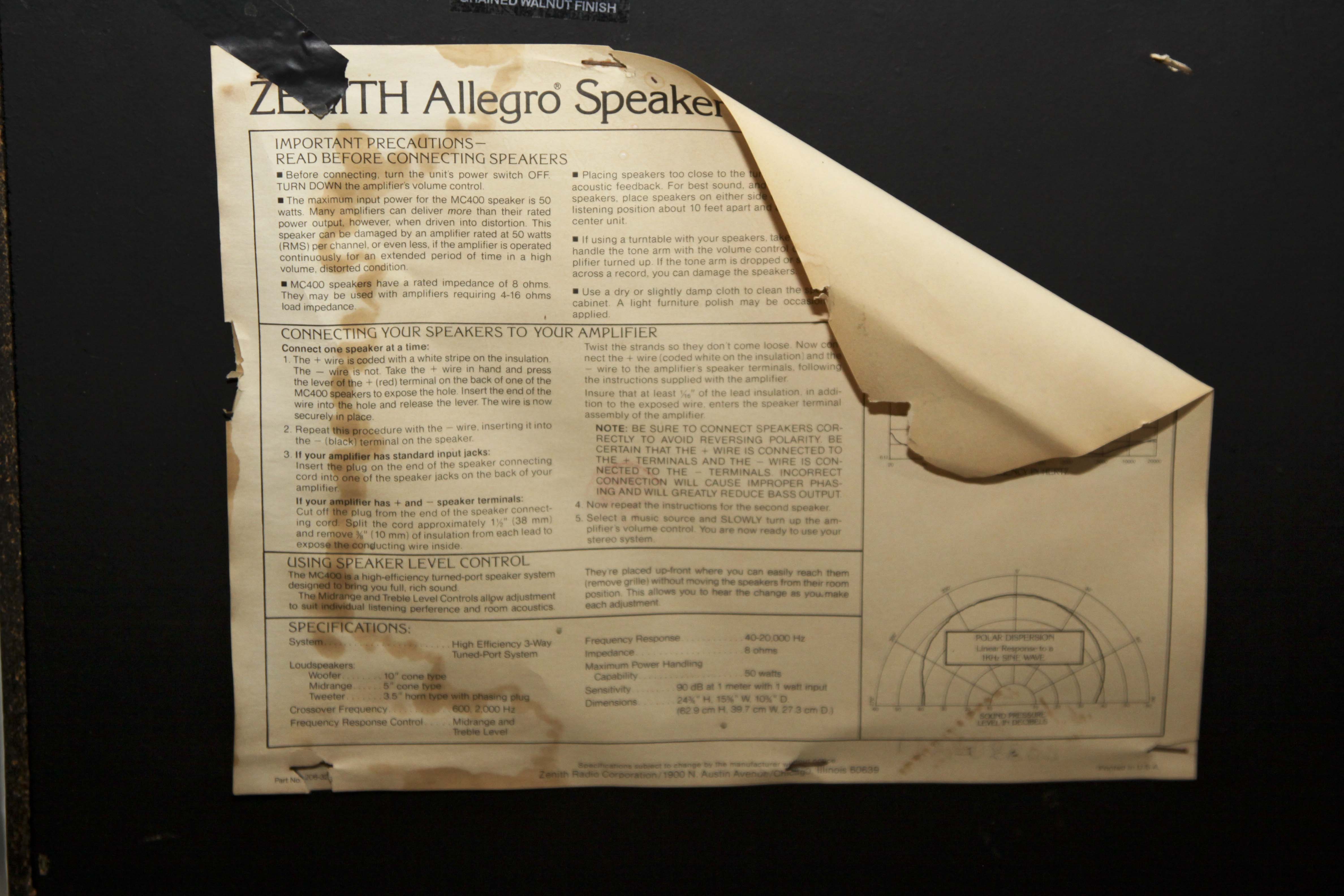 Zenith Vintage Stereo and Allegro 400 Model Speakers
