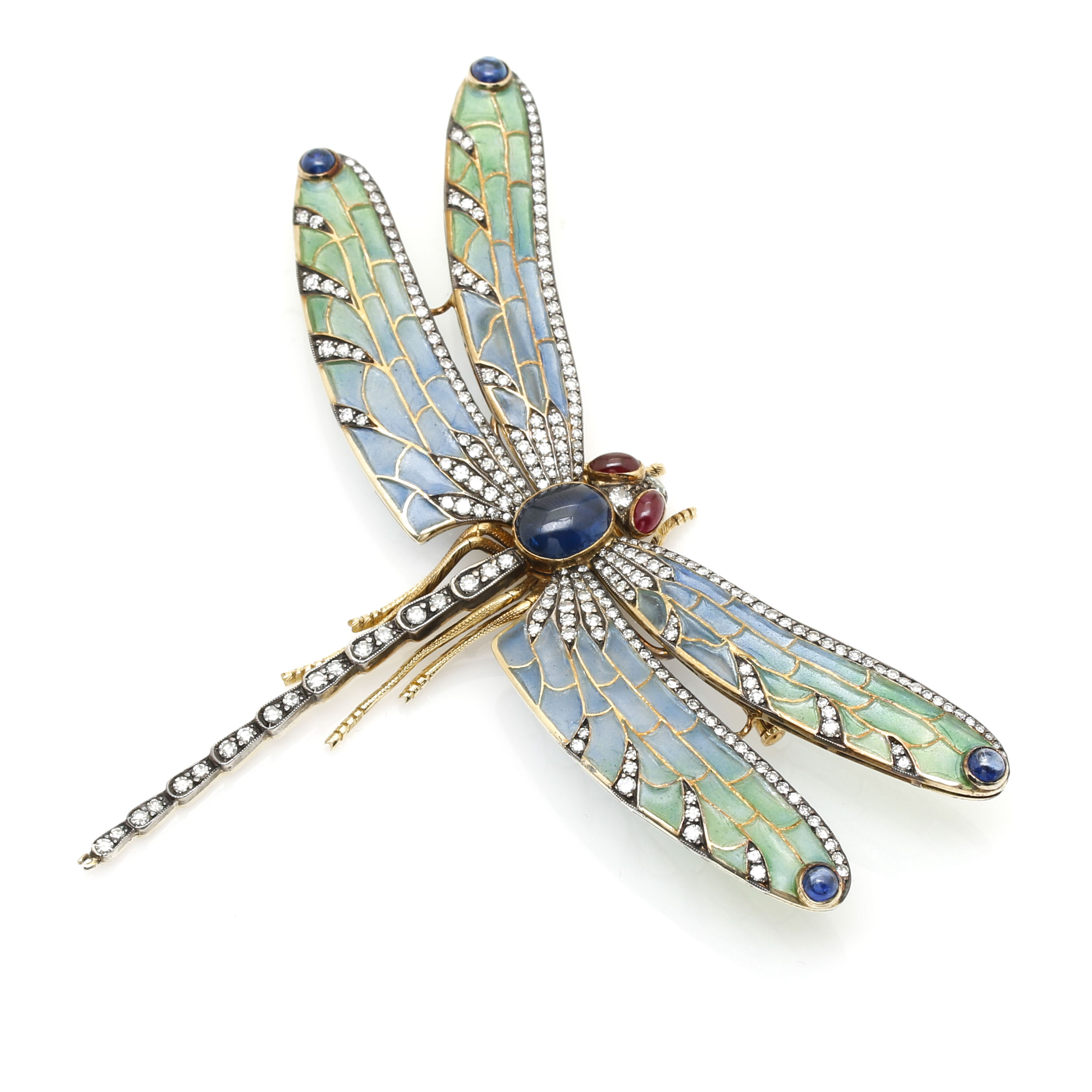 18K Two-Tone Gold Art Nouveau Enameled 2.94 CTW Diamond, Sapphire, and Ruby Dragonfly Brooch