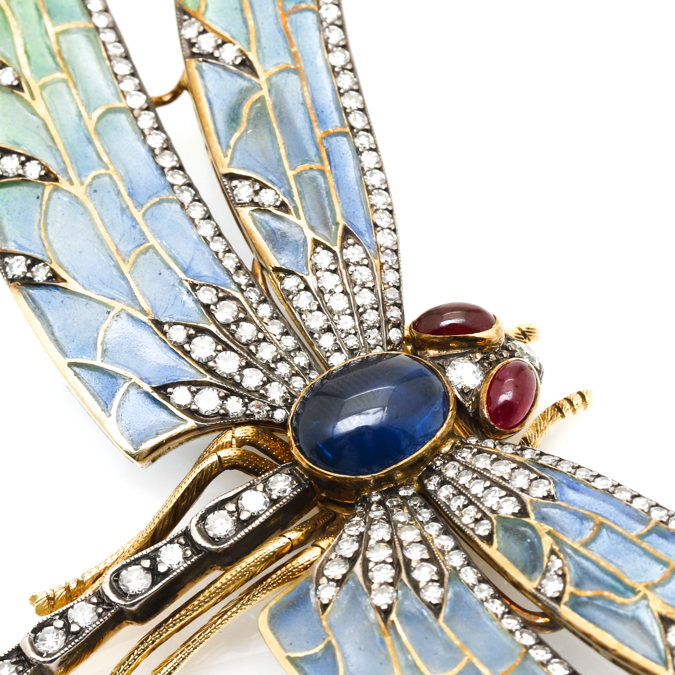 18K Two-Tone Gold Art Nouveau Enameled 2.94 CTW Diamond, Sapphire, and Ruby Dragonfly Brooch