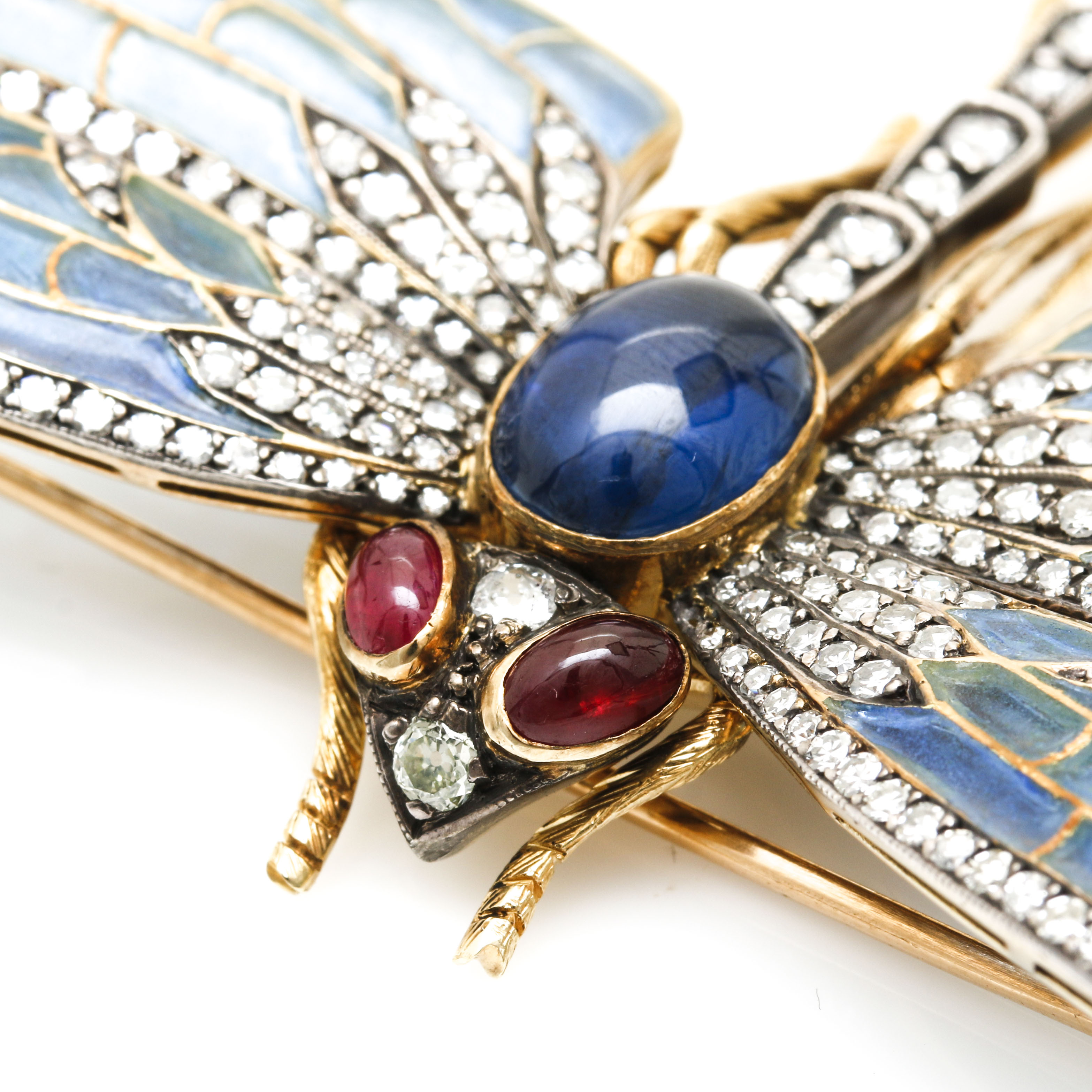 18K Two-Tone Gold Art Nouveau Enameled 2.94 CTW Diamond, Sapphire, and Ruby Dragonfly Brooch