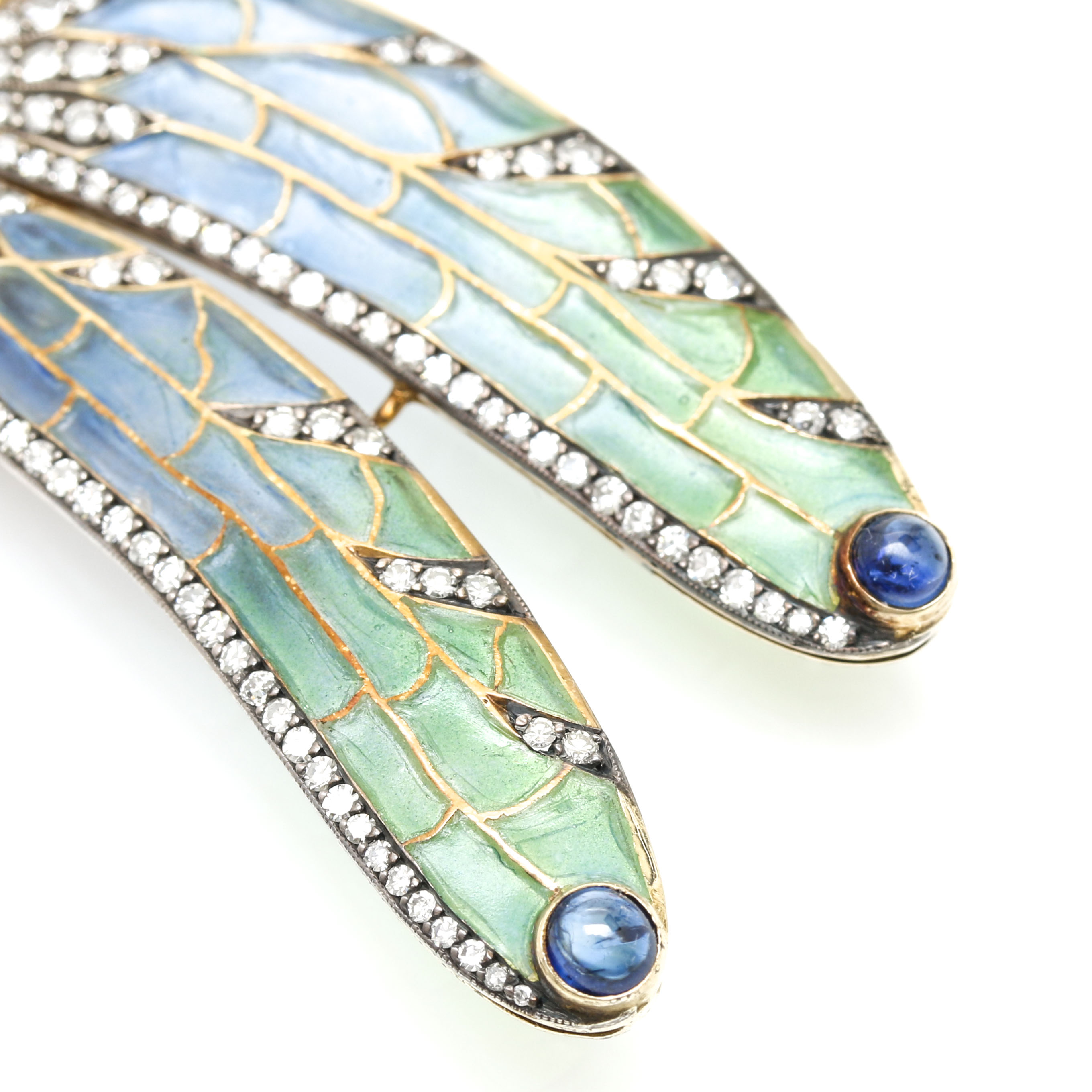 18K Two-Tone Gold Art Nouveau Enameled 2.94 CTW Diamond, Sapphire, and Ruby Dragonfly Brooch