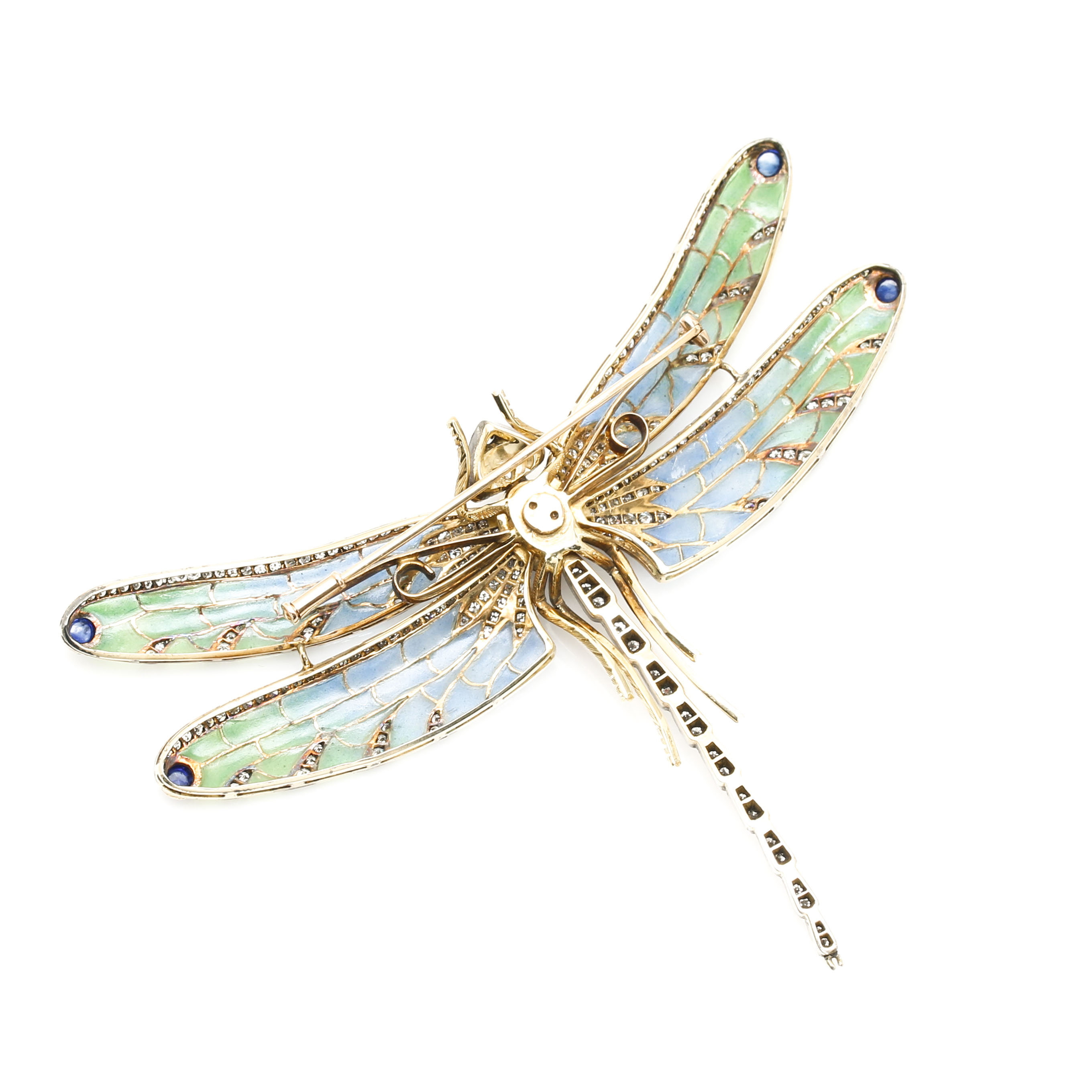 18K Two-Tone Gold Art Nouveau Enameled 2.94 CTW Diamond, Sapphire, and Ruby Dragonfly Brooch