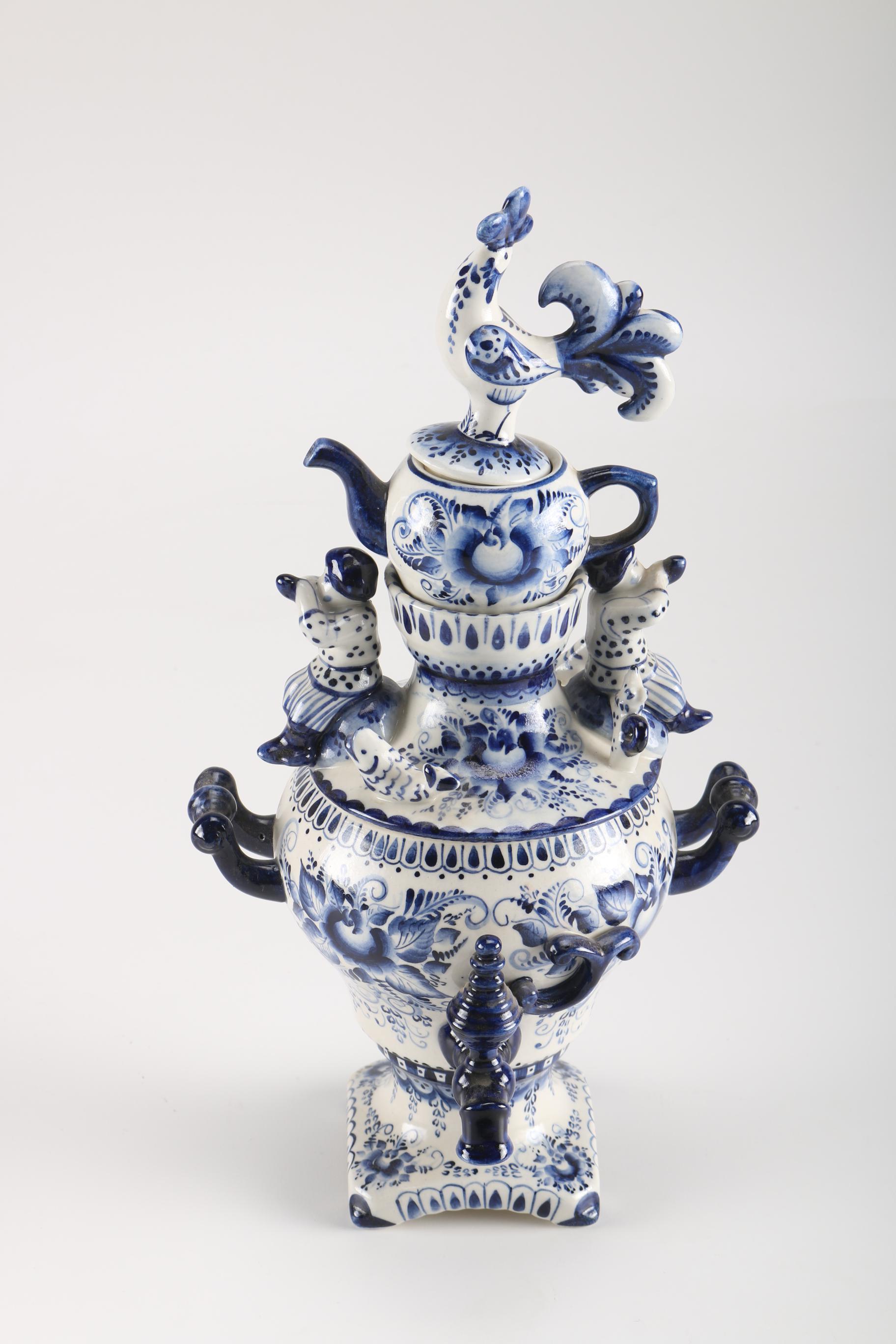 Russian Blue and White Porcelain Samovar Teapot