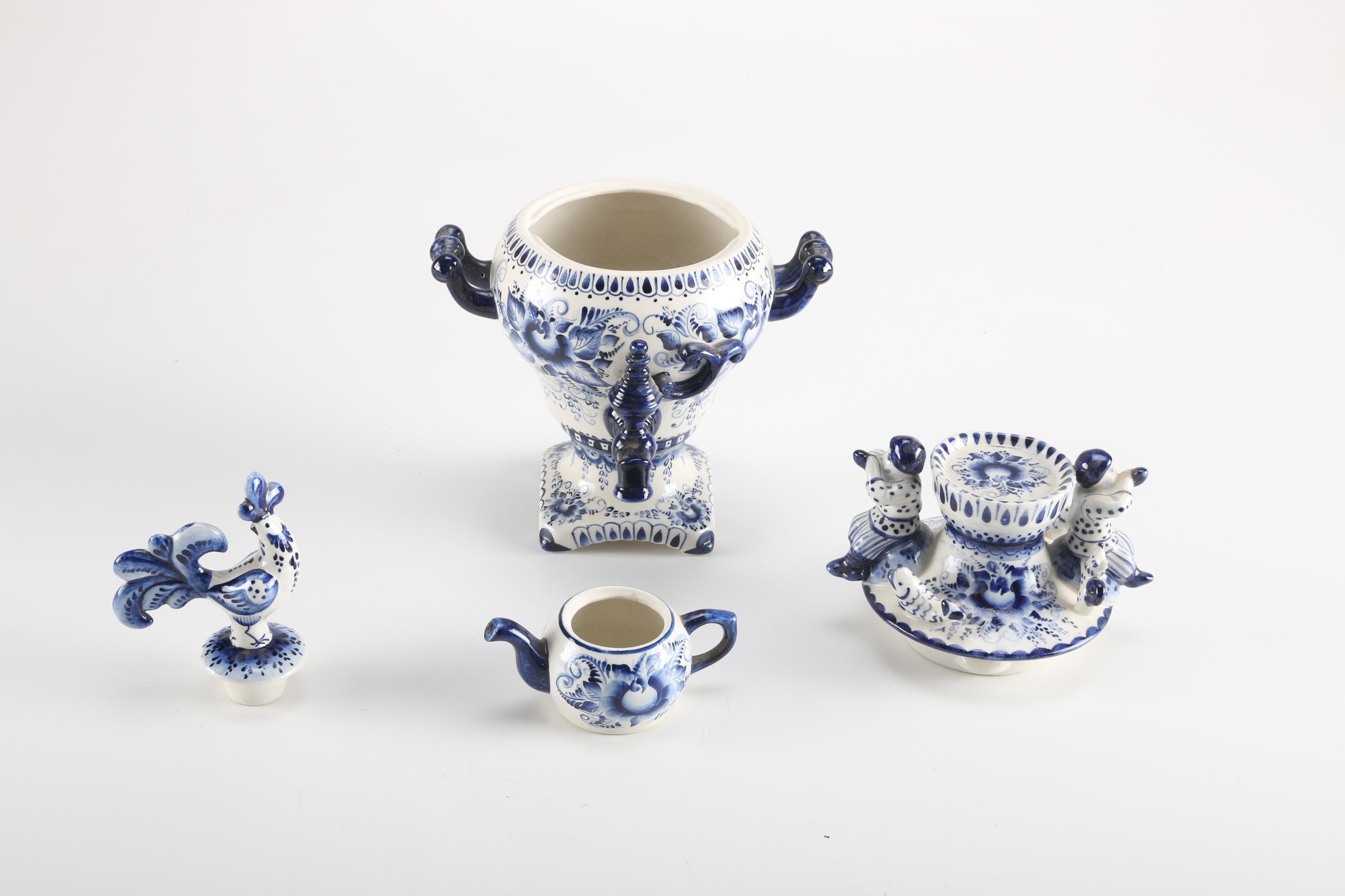 Russian Blue and White Porcelain Samovar Teapot