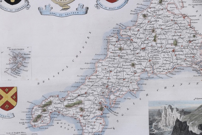 Hand-Colored Etching Map of Cornwall