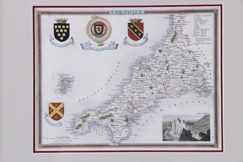 Hand-Colored Etching Map of Cornwall