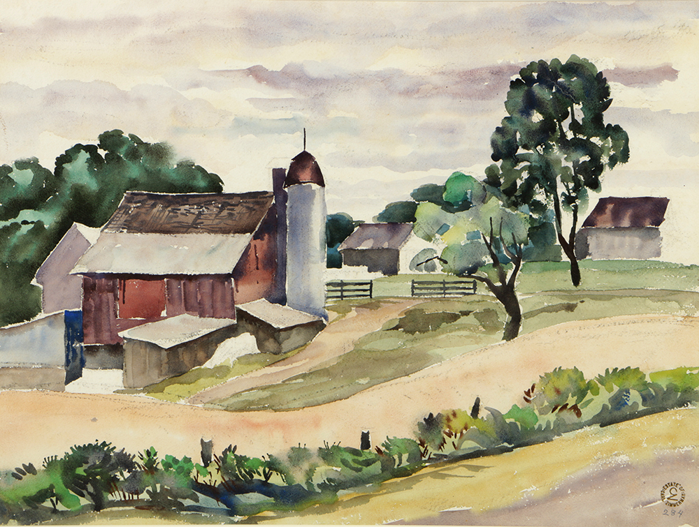 Carl Zimmerman Watercolor Painting on Paper of Rural Scene