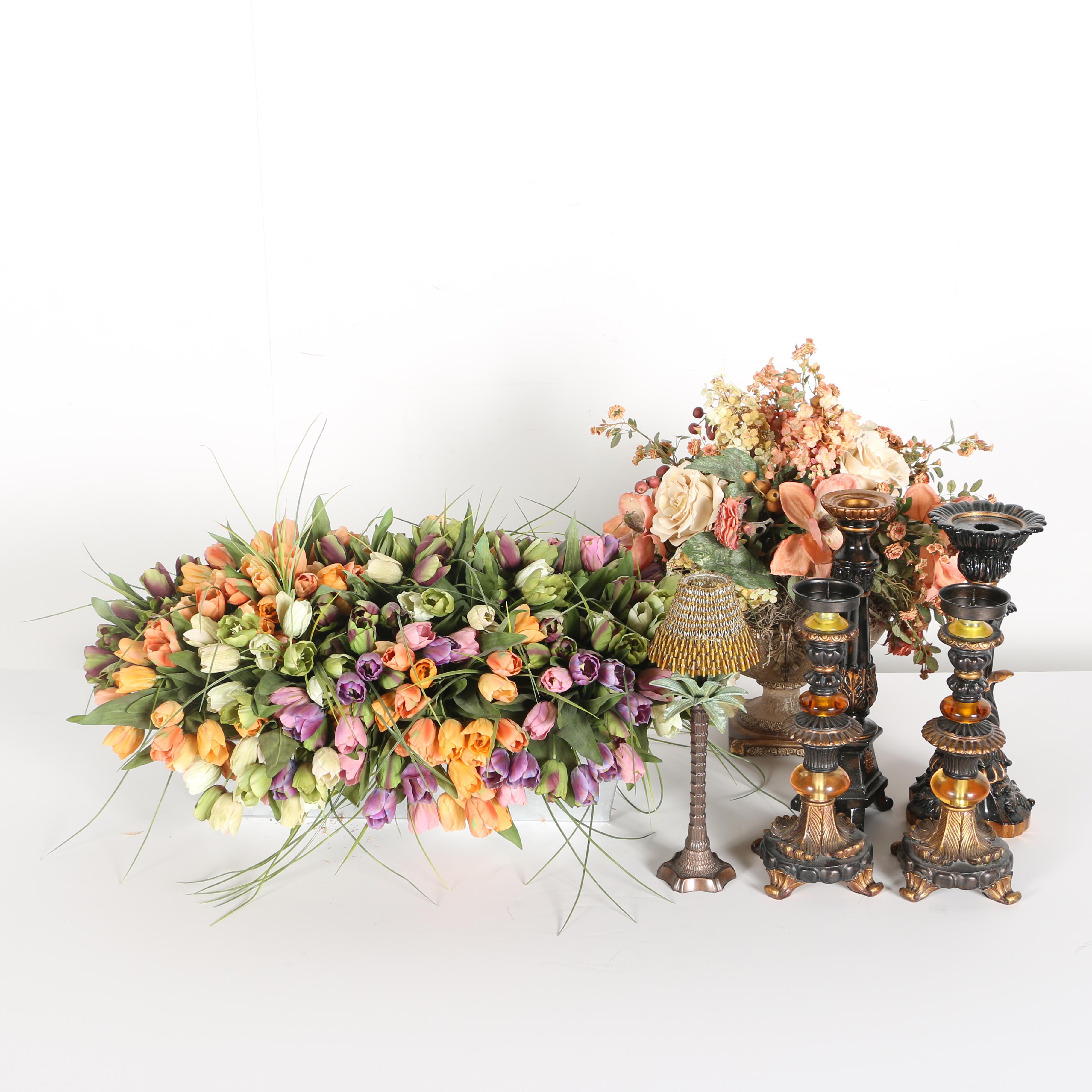 Pair of Floral Centerpieces Featuring Candle Holders