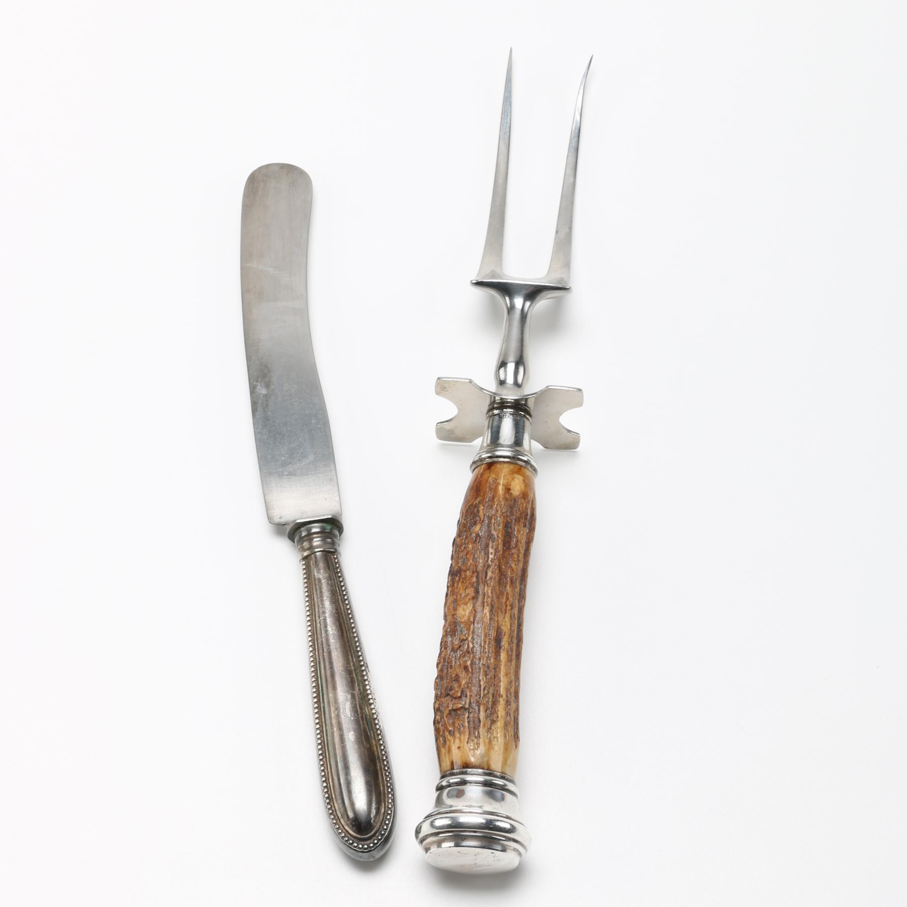 Sterling and Antler Carving Fork with Silver Plate Knife