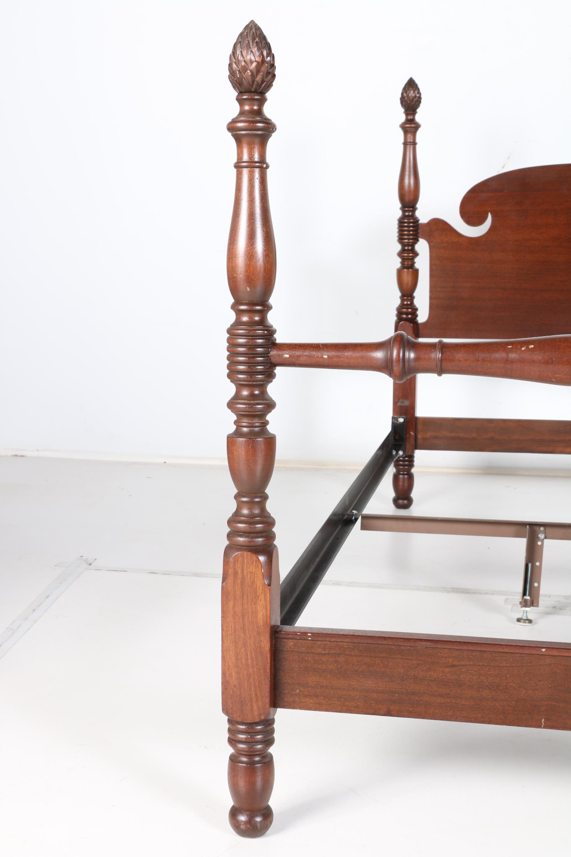 Mahogany Finished Queen Size Four Poster Bed WIth Pinecone Finials