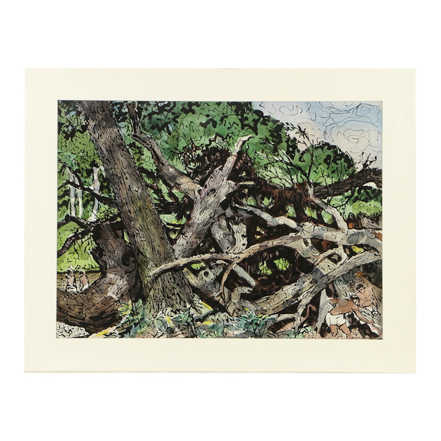 Carl Zimmerman Watercolor Painting on Paper of Overgrown Forest