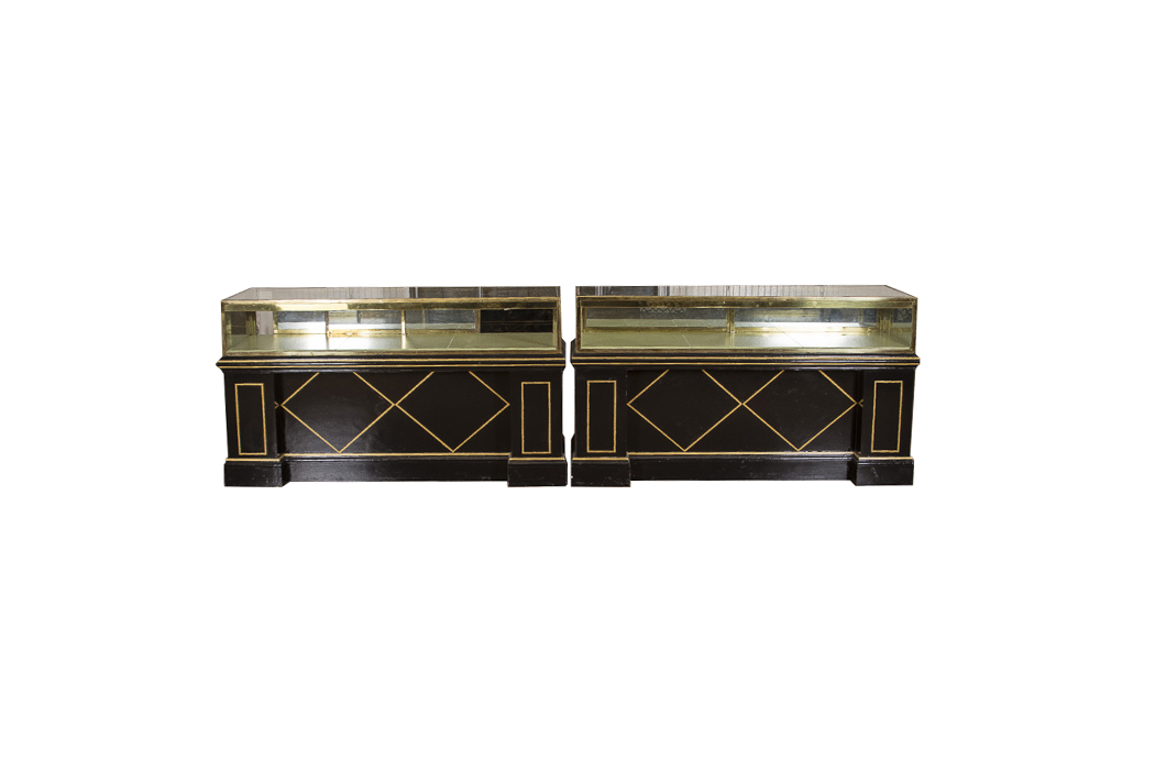 Black Lacquered and Brass Lighted Retail Display Cases