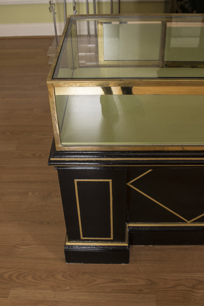 Black Lacquered and Brass Lighted Retail Display Cases