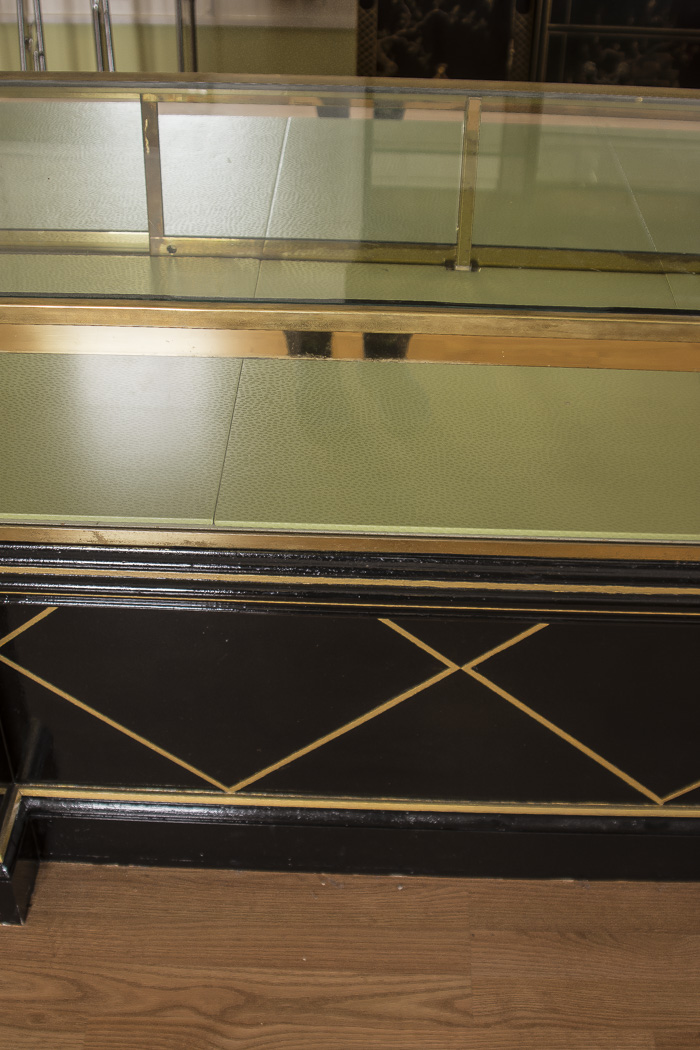 Black Lacquered and Brass Lighted Retail Display Cases