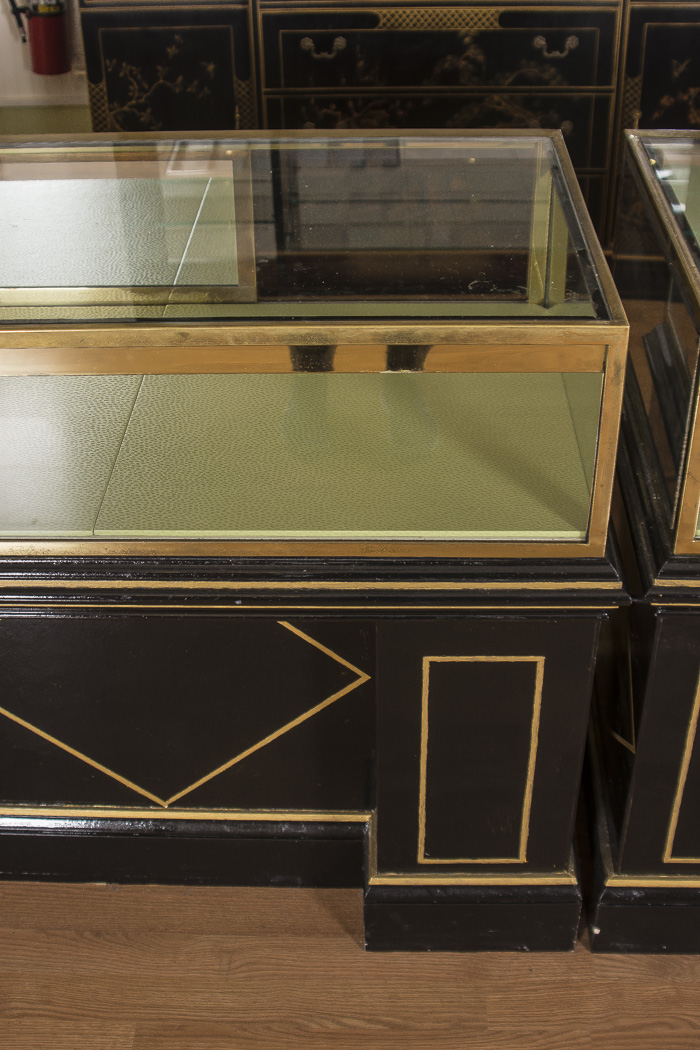 Black Lacquered and Brass Lighted Retail Display Cases