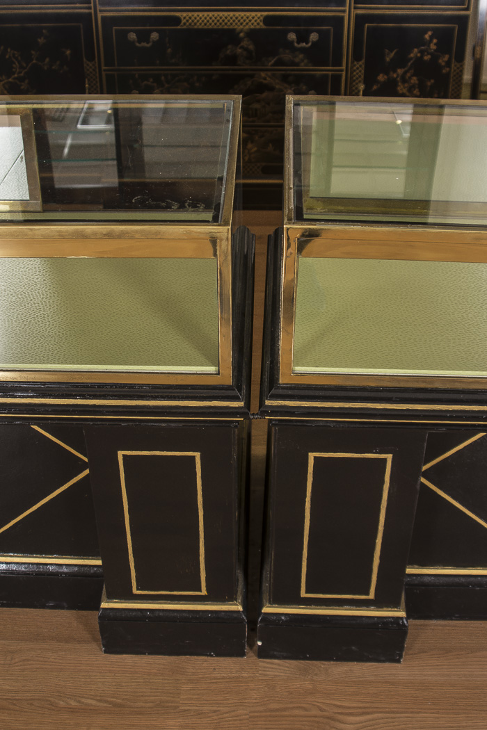Black Lacquered and Brass Lighted Retail Display Cases