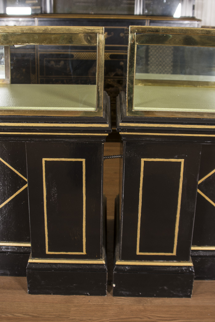 Black Lacquered and Brass Lighted Retail Display Cases