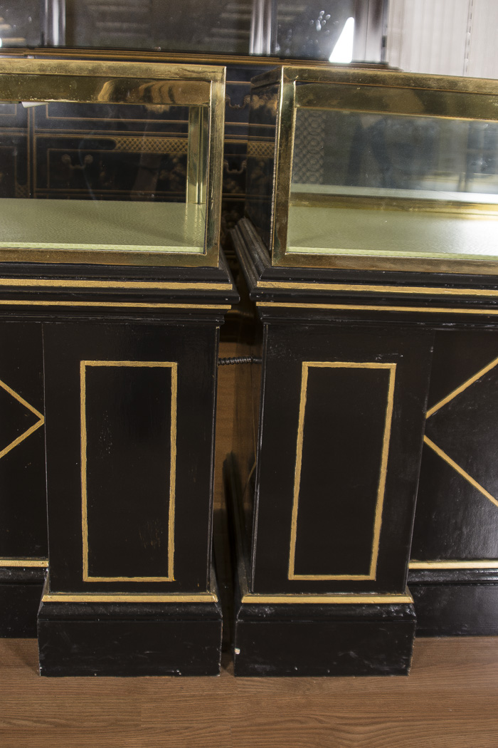 Black Lacquered and Brass Lighted Retail Display Cases