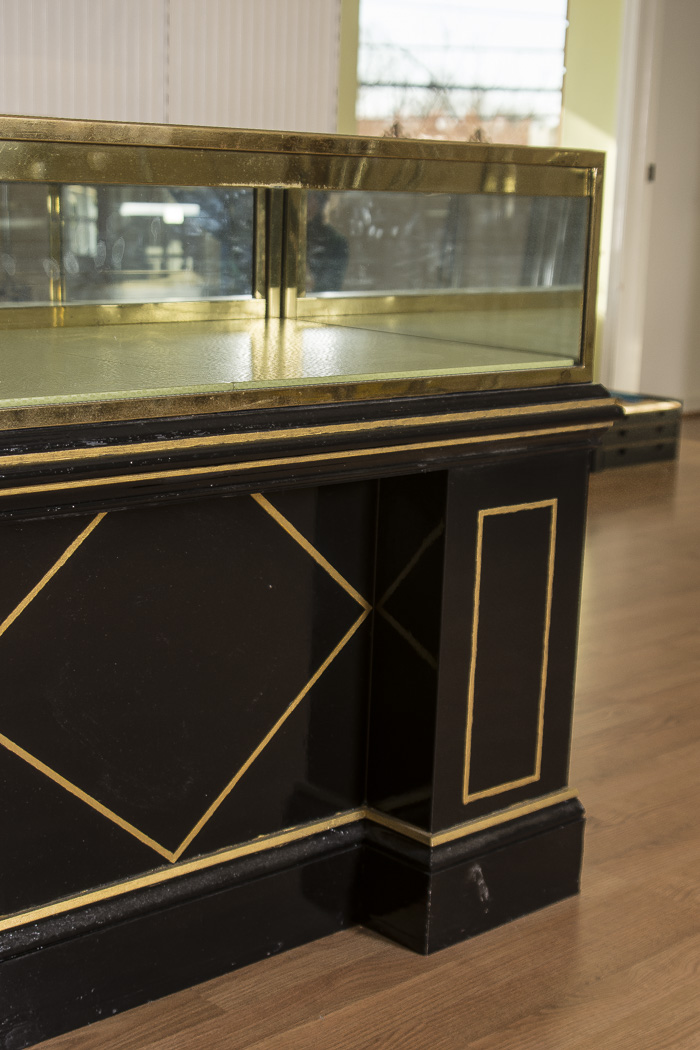 Black Lacquered and Brass Lighted Retail Display Cases