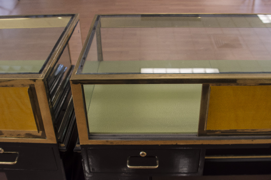 Black Lacquered and Brass Lighted Retail Display Cases