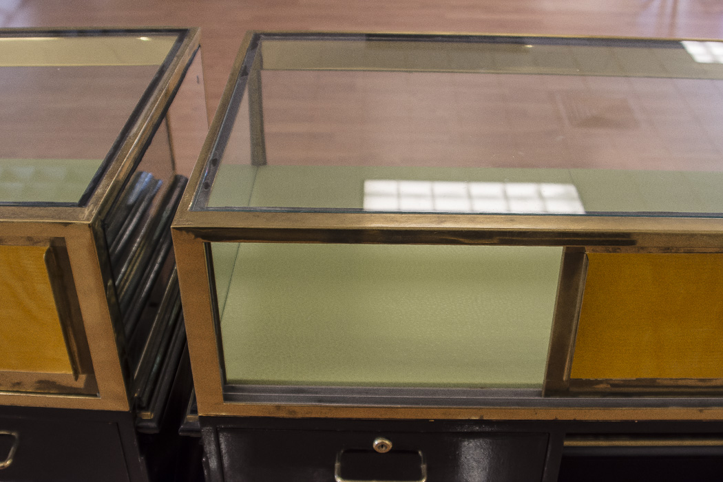 Black Lacquered and Brass Lighted Retail Display Cases